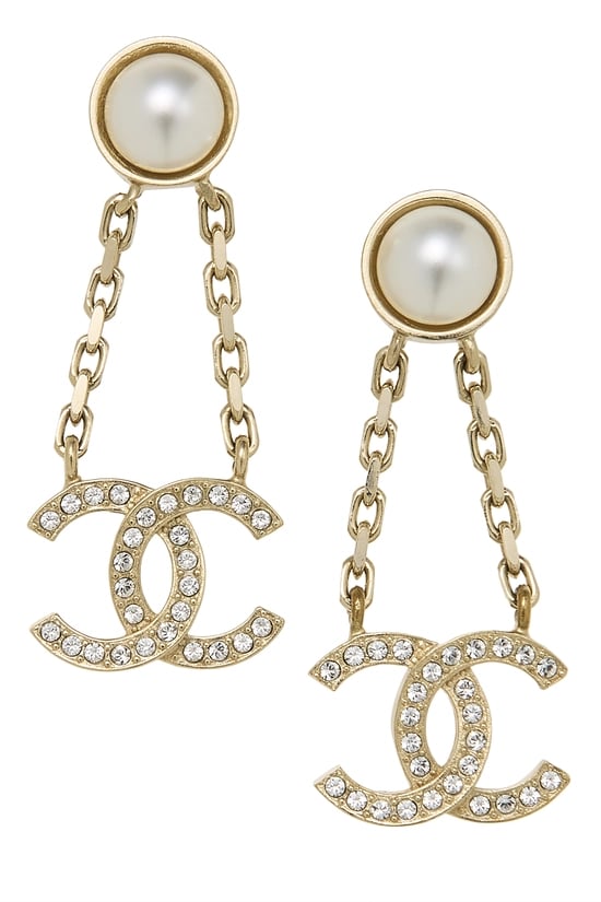 Gold Faux Pearl 'CC' Dangle Earrings