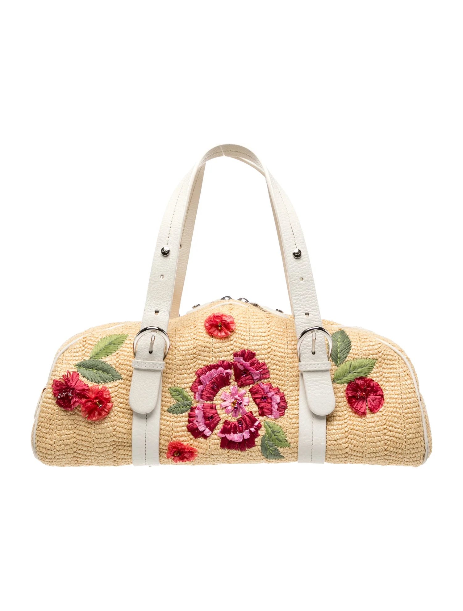 Raffia Vintage Floral-Embroidered Raffia Bowler Bag