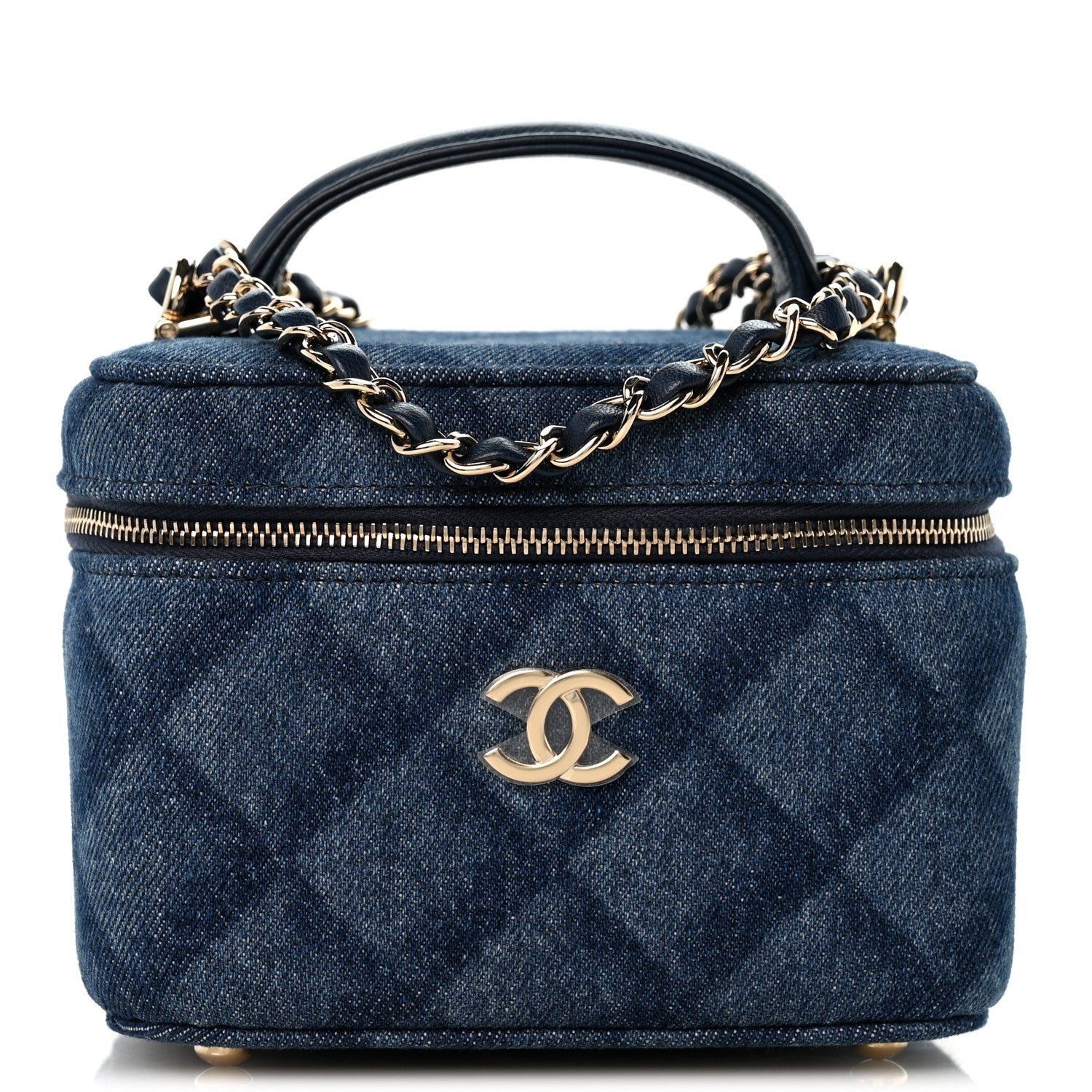 Chanel Printed Denim Quilted Mini Top Handle Vanity Case With Chain Dark Blue