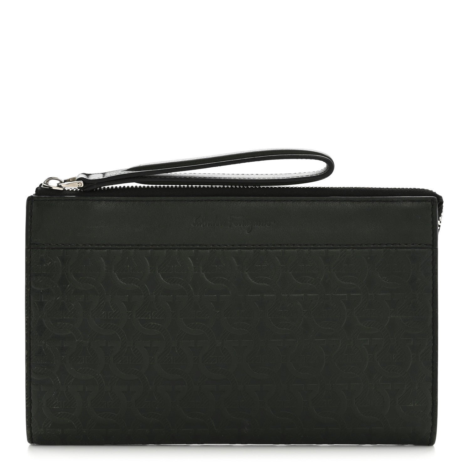 Salvatore Ferragamo Salvatore Ferragamo Calfskin Gancini Embossed Wristlet Clutch Dark Green