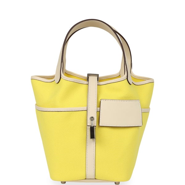 Pre-owned Hermes Picotin Cargo 18 Jaune Citron and Nata Swift and Toile Canvas Palladium Hardware
