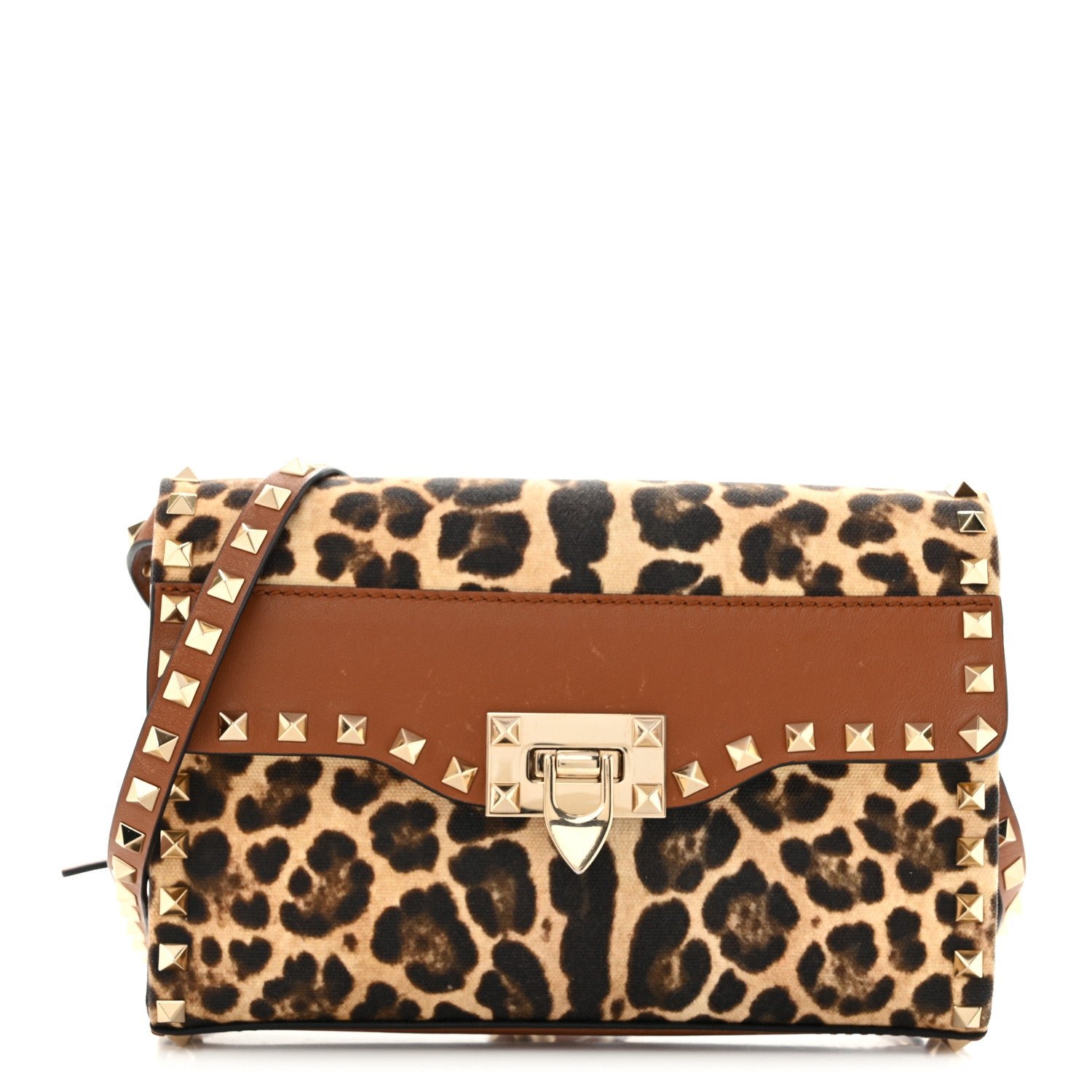 Valentino Garavani Calfskin Canvas Leopard Print Medium Rockstud Flip Lock Crossbody Bag Tan