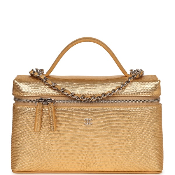Chanel Top Handle Long Vanity Case with Chain Gold Metallic Lizard Embossed Calfskin Silver Hardware