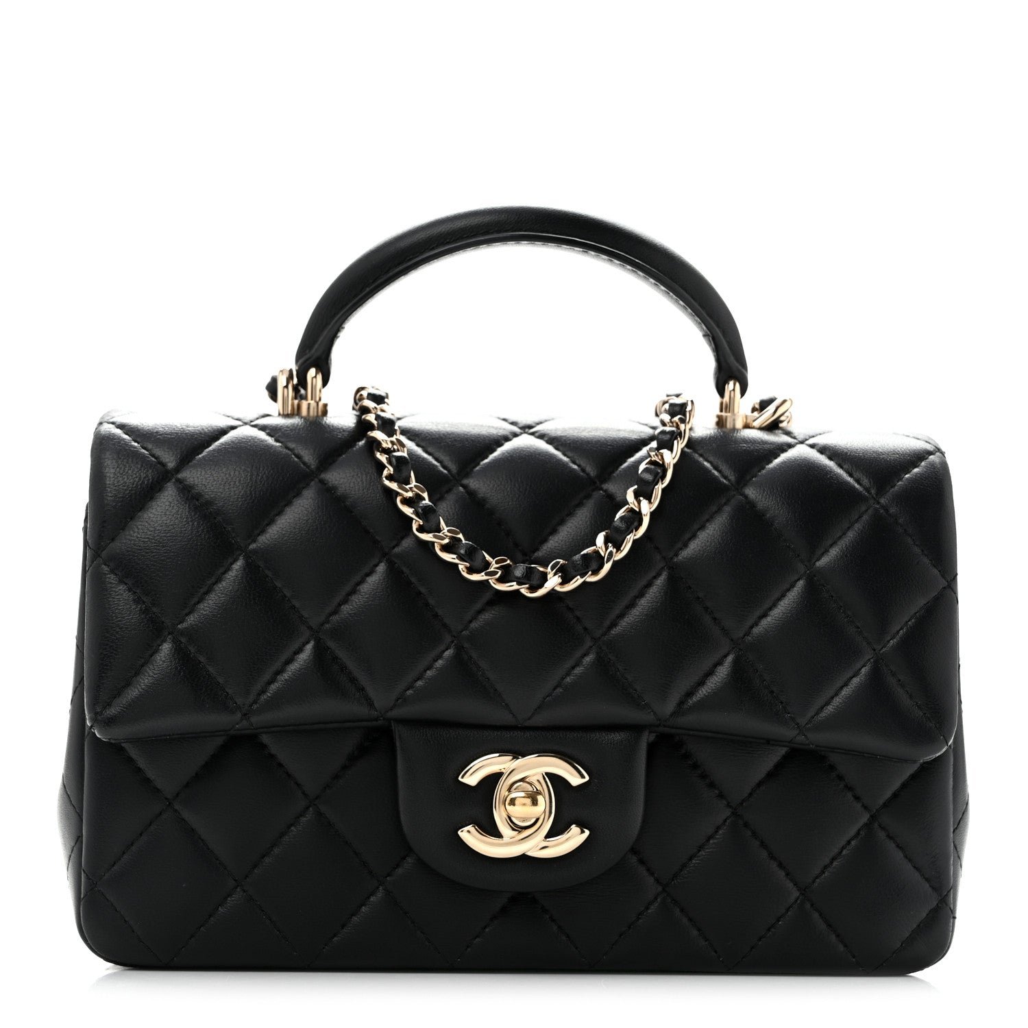 Chanel Lambskin Quilted Mini Top Handle Rectangular Flap Black
