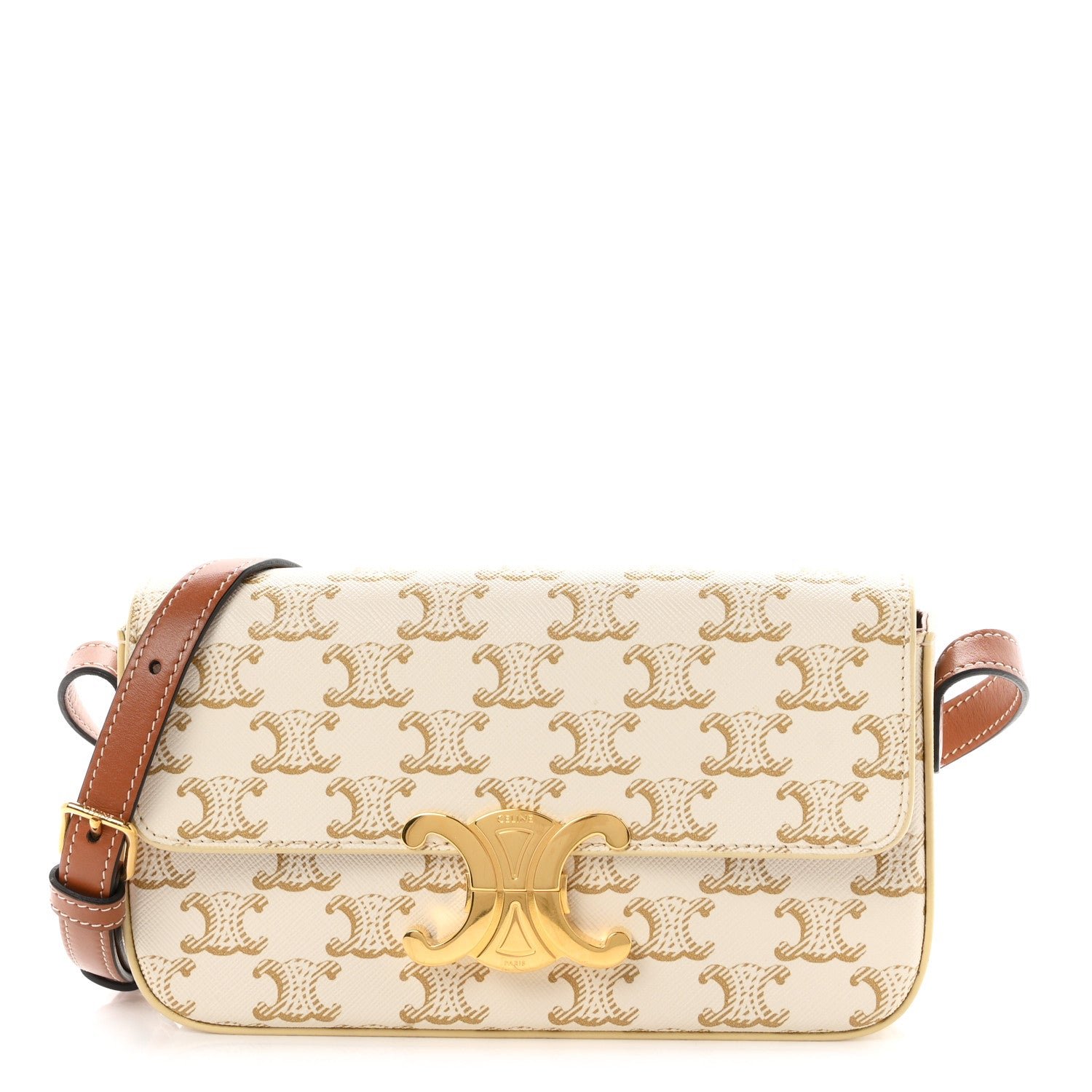 Celine Canvas Calfskin Triomphe Shoulder Bag White