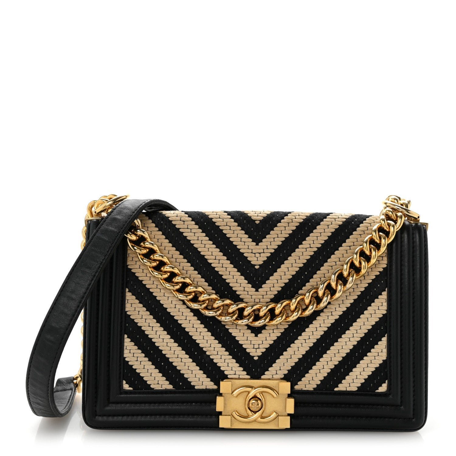Chanel Fabric Chevron Braided Medium Boy Flap Black White