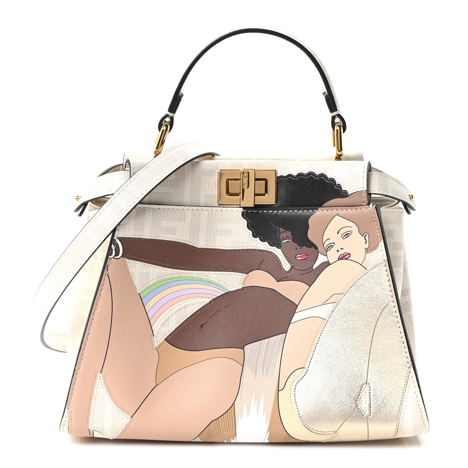 Fendi Glazed Fabric Nappa FF Disco Girls Inlay Mini Peekaboo Iconic Satchel Bianco Perla Multicolor