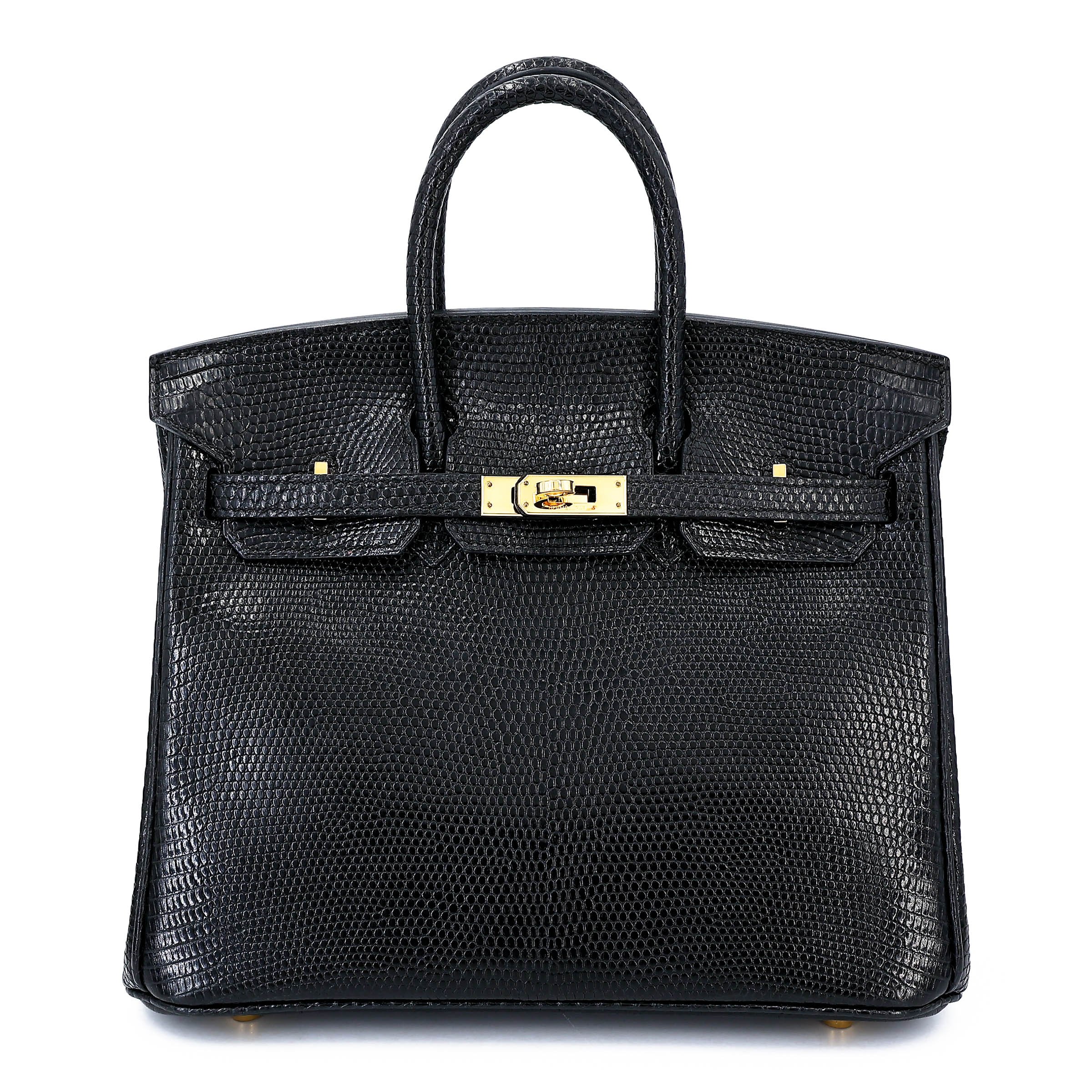 Very Good ( Rank A) HERMÈS Birkin 25 Noir (89) Lizard Gold hardware Square N (2010)