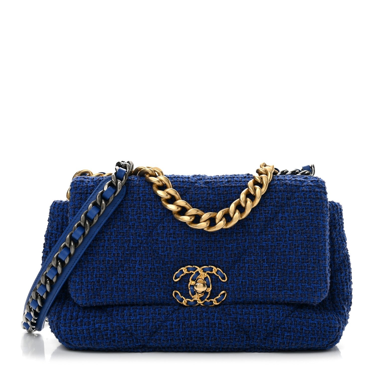 Chanel Tweed Quilted Large Chanel 19 Flap Blue