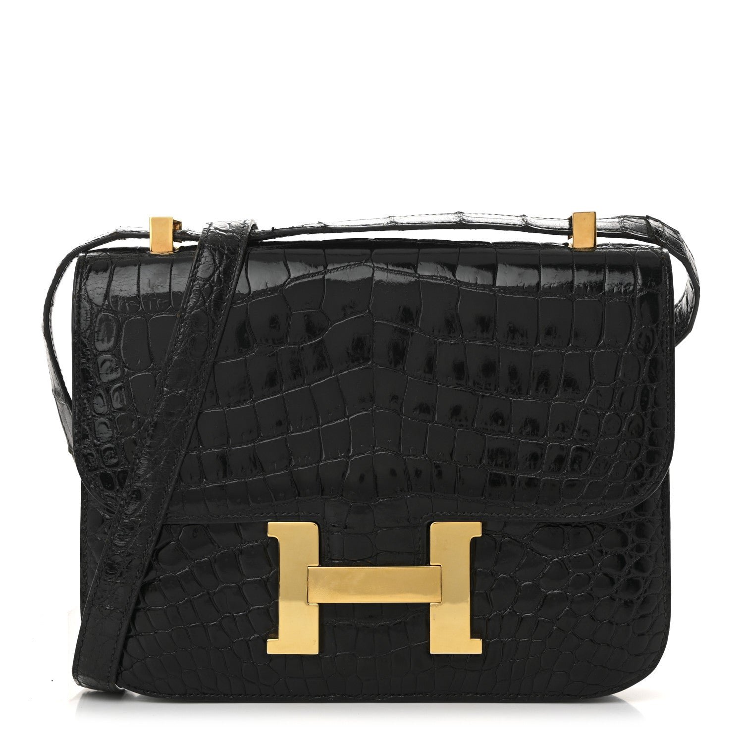 Hermes Shiny Caiman Crocodile Constance 23 Black