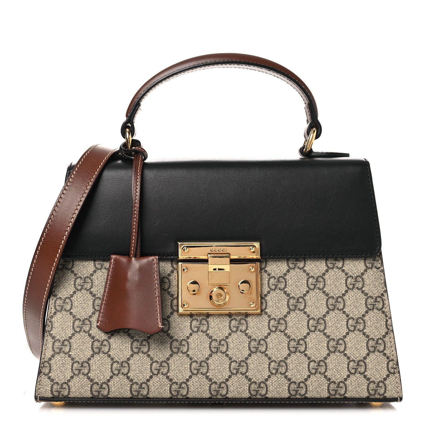 Gucci GG Supreme Monogram Calfskin Small Padlock Top Handle Bag Beige Black Cuir