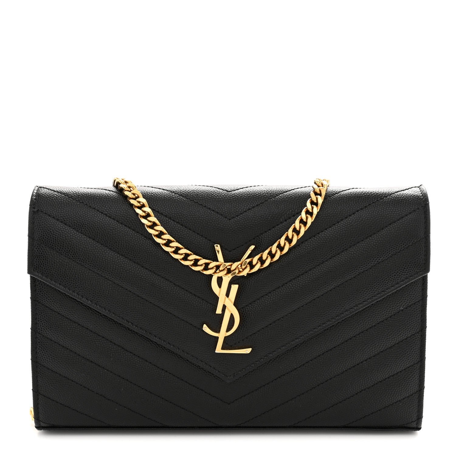 Saint Laurent Grain De Poudre Matelasse Chevron Monogram Chain Wallet Black