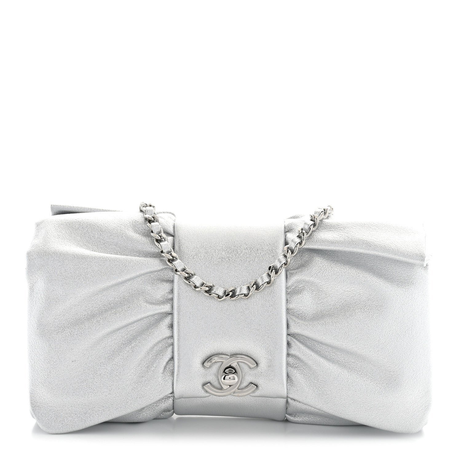Chanel Metallic Lambskin Tie My Bow Flap Clutch With Chain Silver
