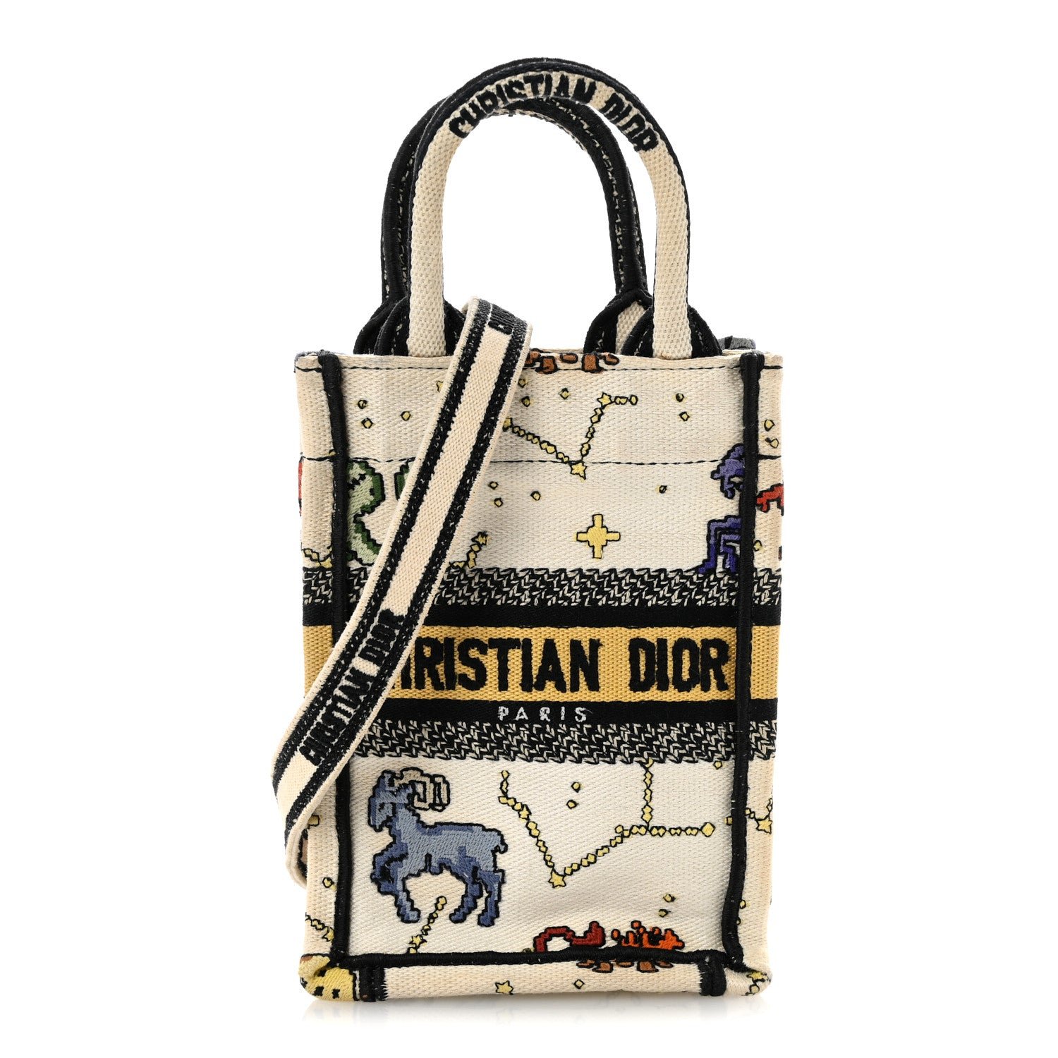 Christian Dior Canvas Embroidered Pixel Zodiac Mini Book Tote Phone Bag Latte Multicolor