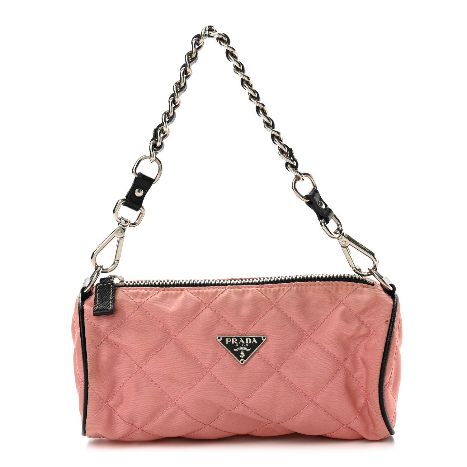 Prada Tessuto Nylon Saffiano Impunturato Quilted Barrel Pochette Pink Black