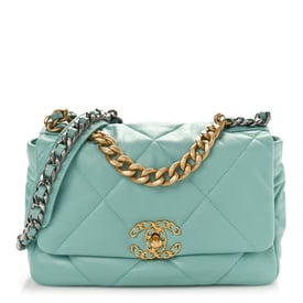 Chanel Shiny Lambskin Quilted Medium Chanel 19 Flap Light Blue