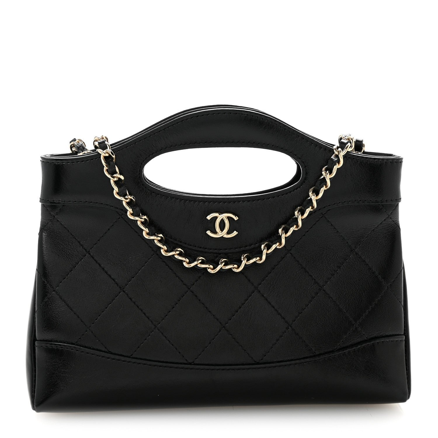 Chanel Shiny Crumpled Calfskin Quilted Nano 31 Shopping Bag Black