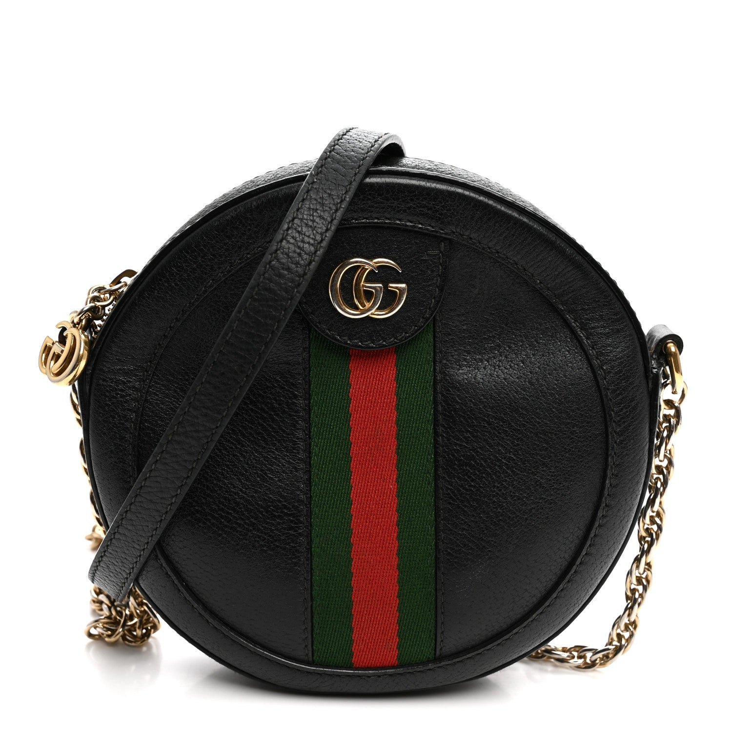 Gucci Grained Calfskin Web Mini Ophidia Round Shoulder Bag Black