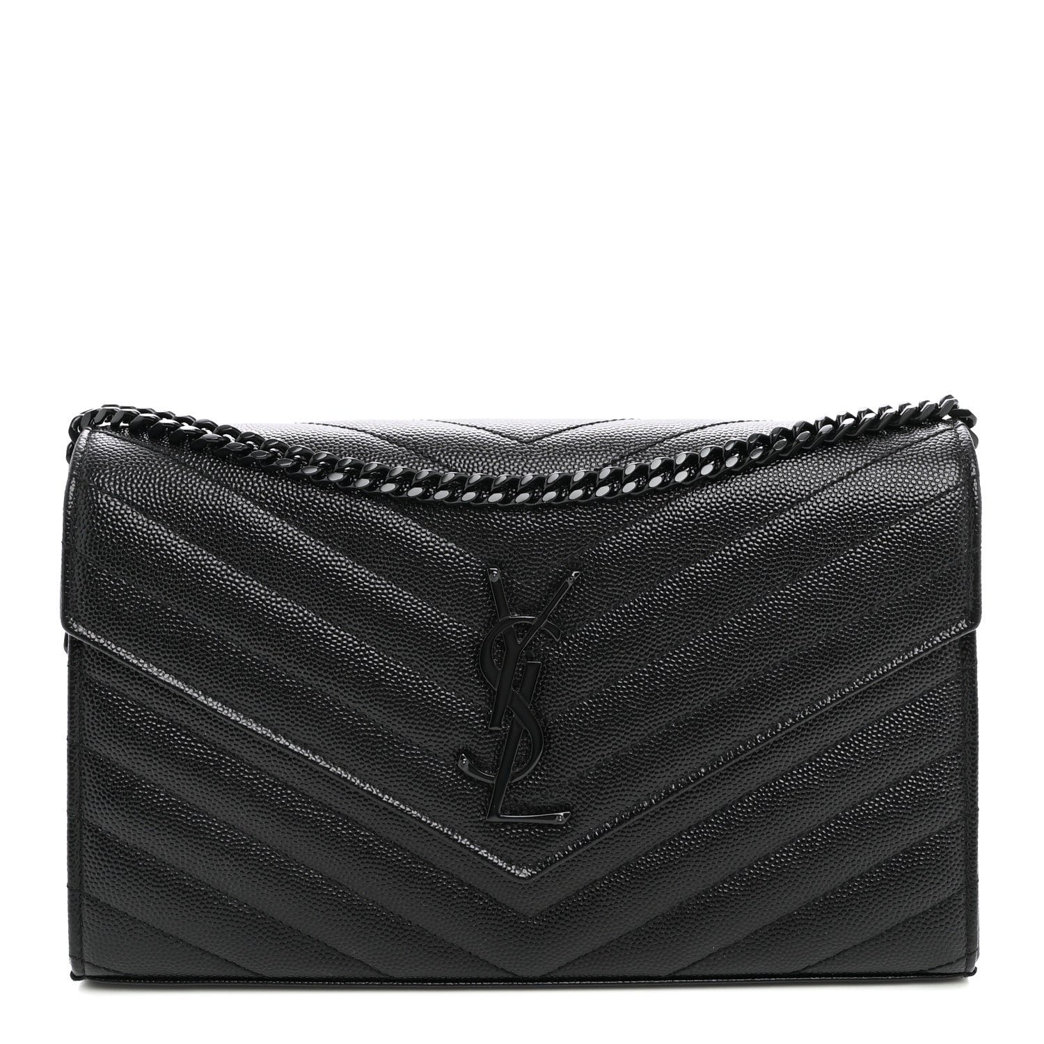 Saint Laurent Grain De Poudre Matelasse Chevron Monogram Monochrome Chain Wallet Black
