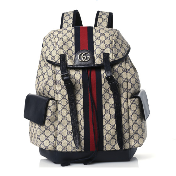 Gucci GG Supreme Monogram Medium Ophidia Double Buckle Backpack Beige Blue Black