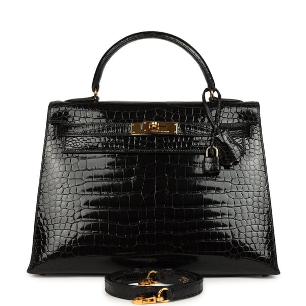 Hermes Vintage Hermes Kelly Sellier 32 Black Shiny Porosus Crocodile Gold Hardware