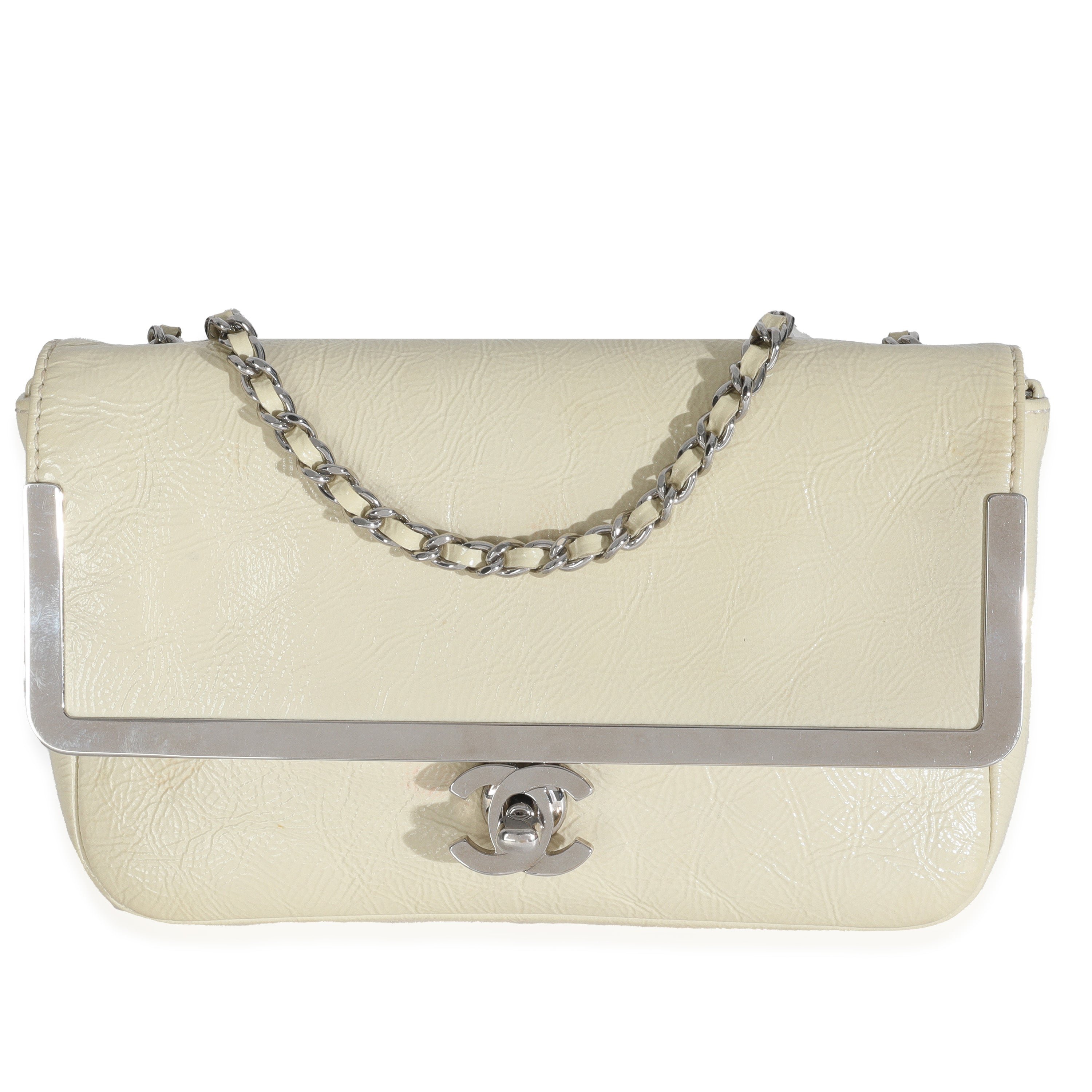 Chanel Cream Distressed Patent Calfskin Small Frame Single Flap Bag