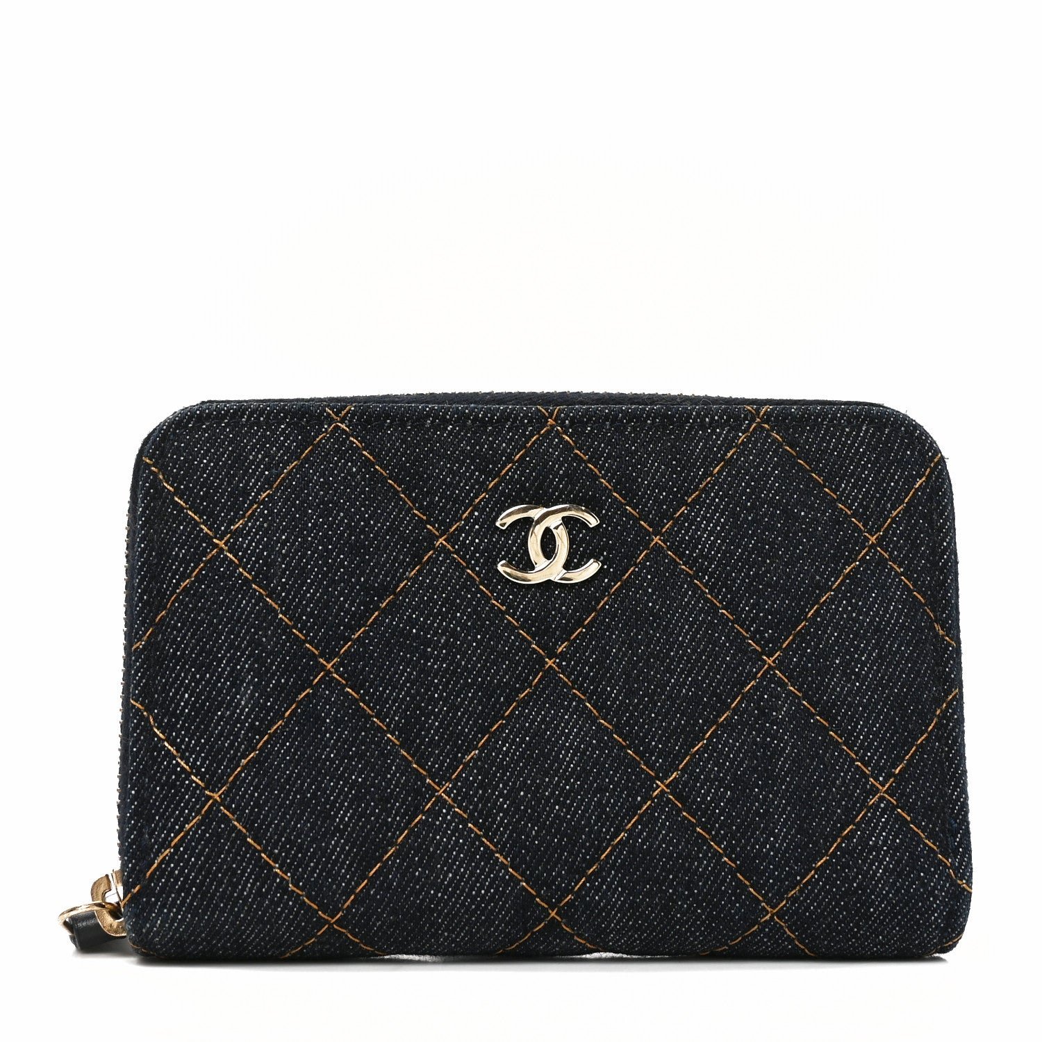 Chanel Denim Quilted Zip Coin Purse Dark Blue Orange