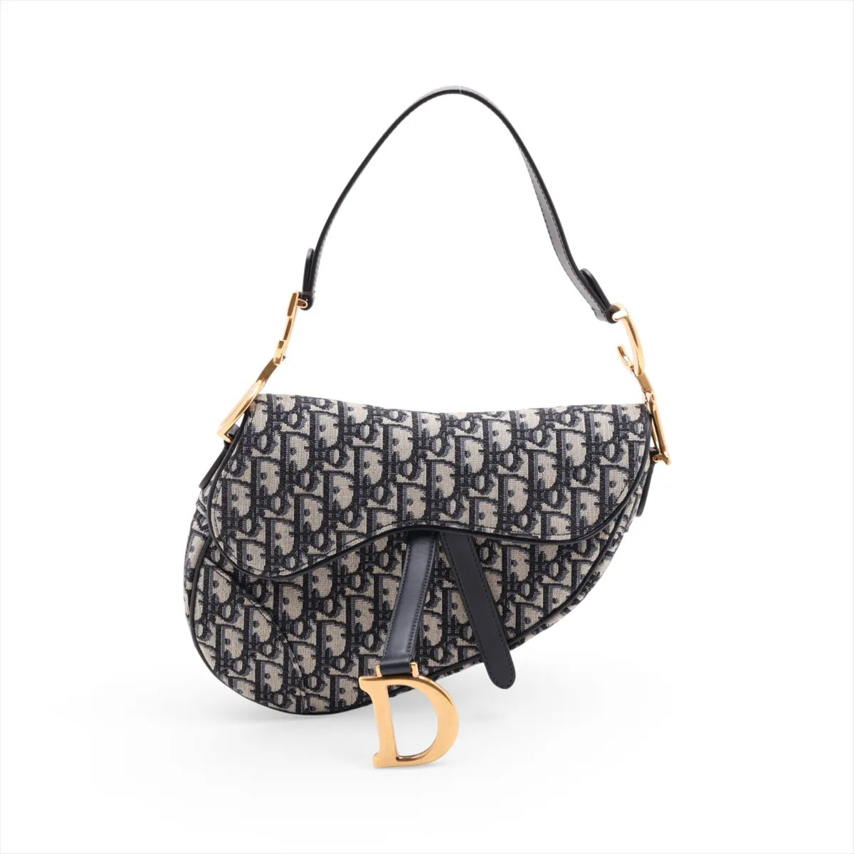 Christian Dior Oblique Saddle Bag Canvas & Leather Shoulder bag Navy Blue