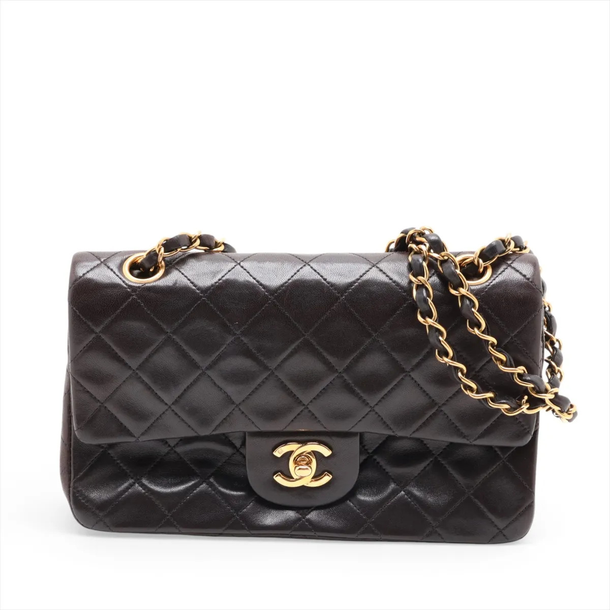 Chanel Matelasse 23 Small Lambskin Double Flap Double Chain Bag Black Gold Metal