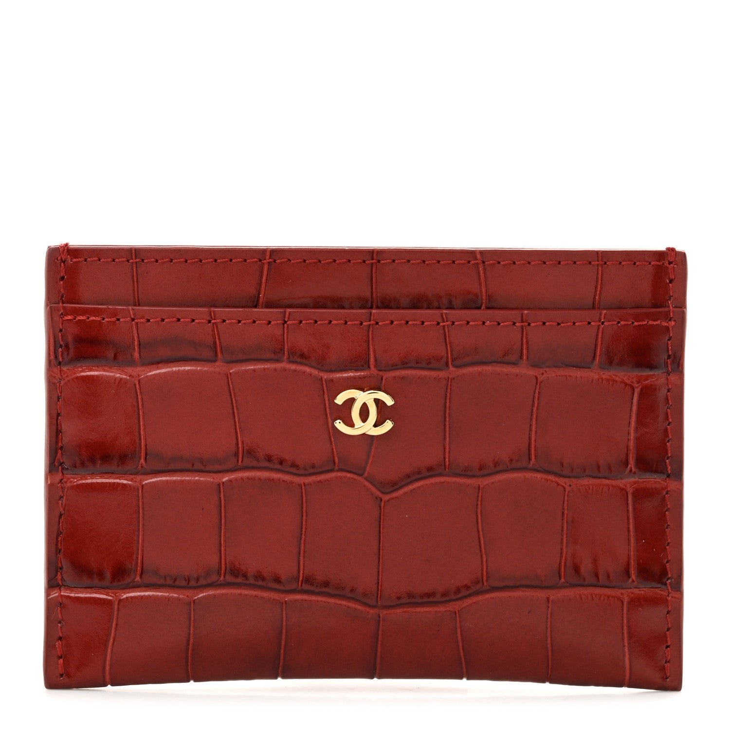 Chanel Calfskin Crocodile Embossed Crococo Card Holder Burgundy
