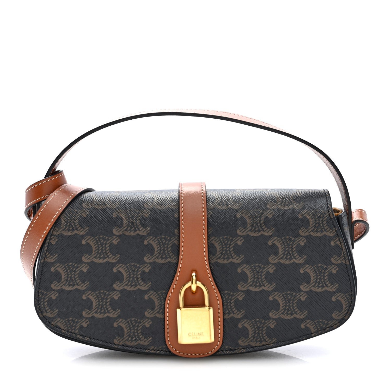 Celine Triomphe Canvas Calfskin Tabou Clutch on Strap Tan Tan Tan