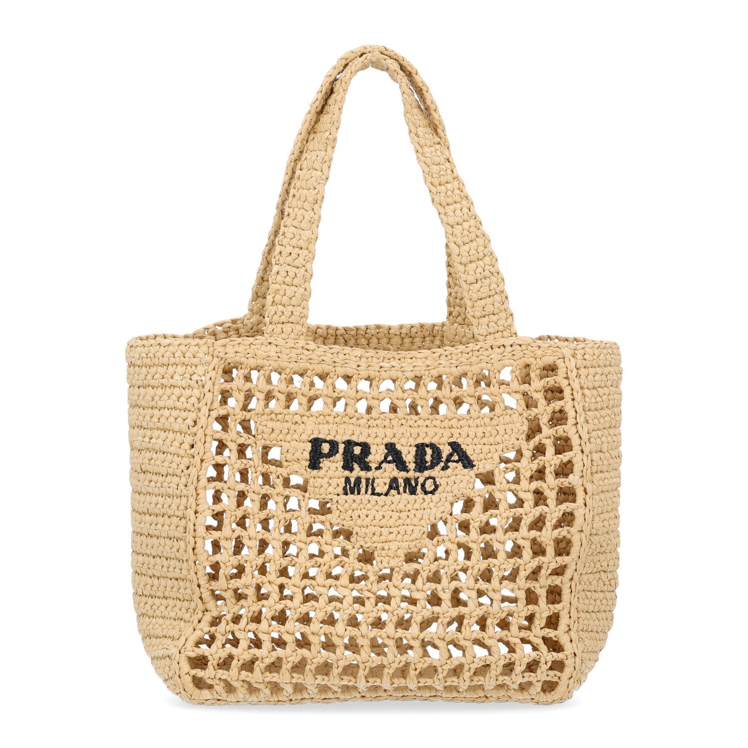 FASHIONPHILE PRADA Yarn Raffia Effect Crochet Logo Embroidered Small Tote Bag Naturale