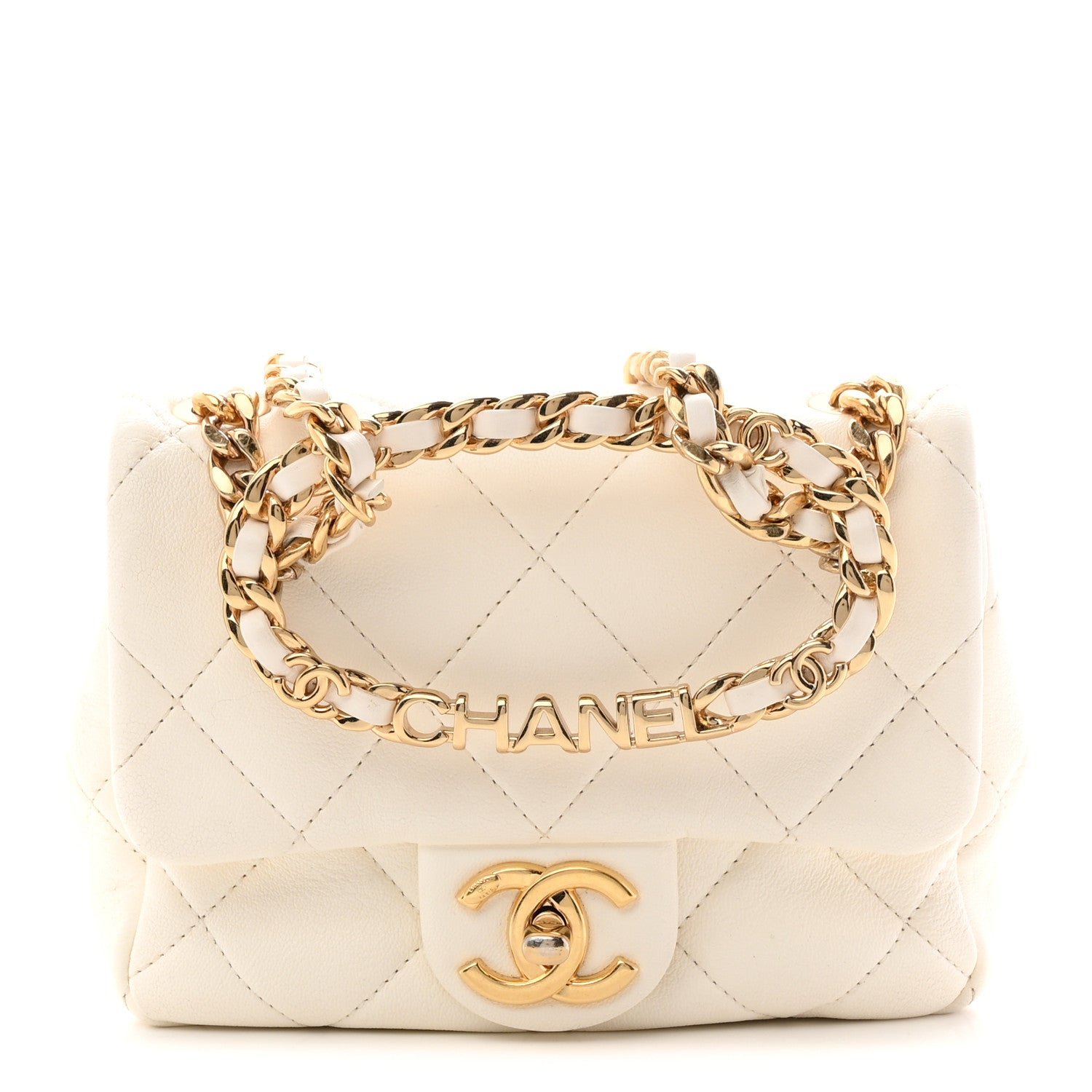Lambskin Metal Quilted Mini Top Handle Square Flap White