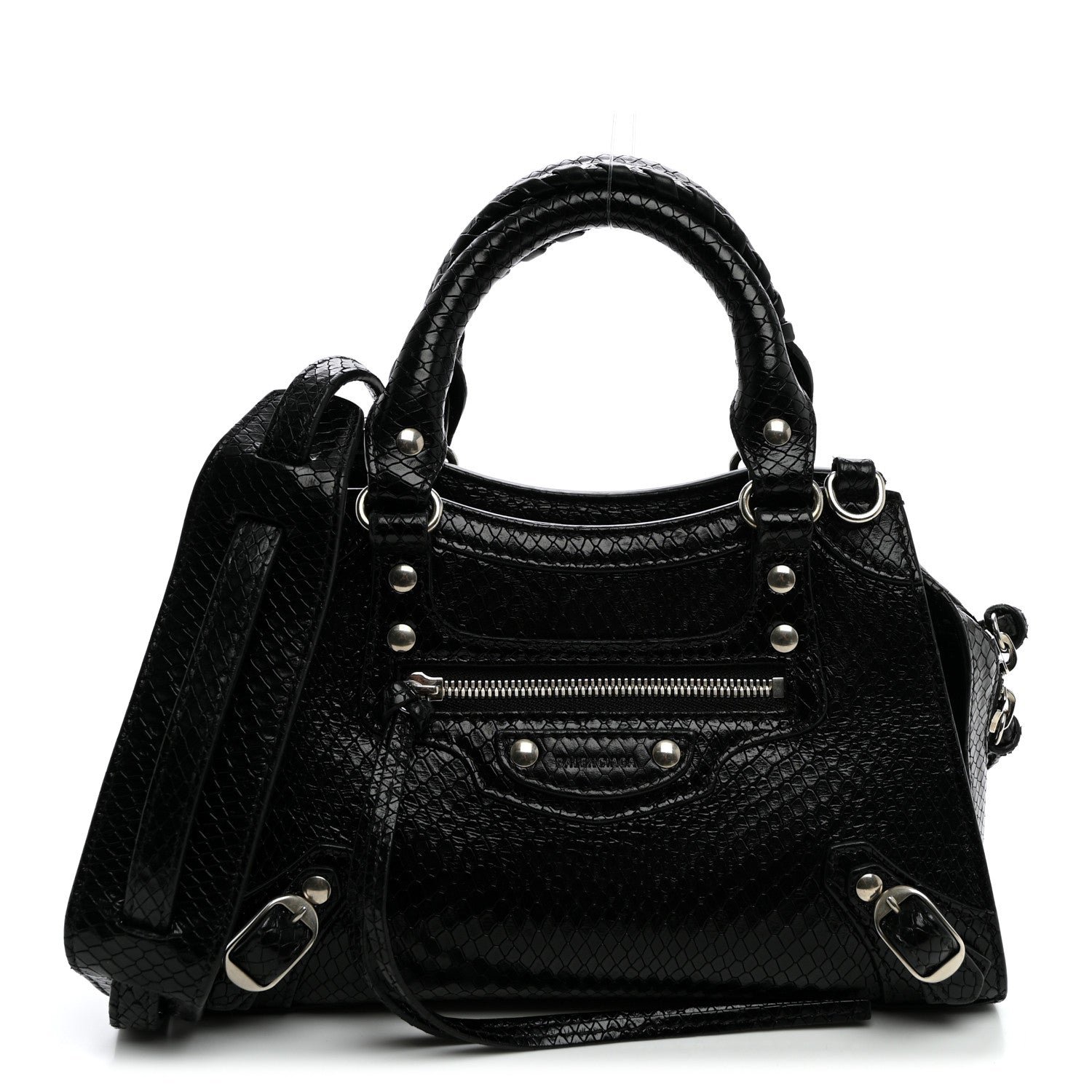 Balenciaga Grained Calfskin Snake Effect Silver Hardware Neo Classic Mini City Black