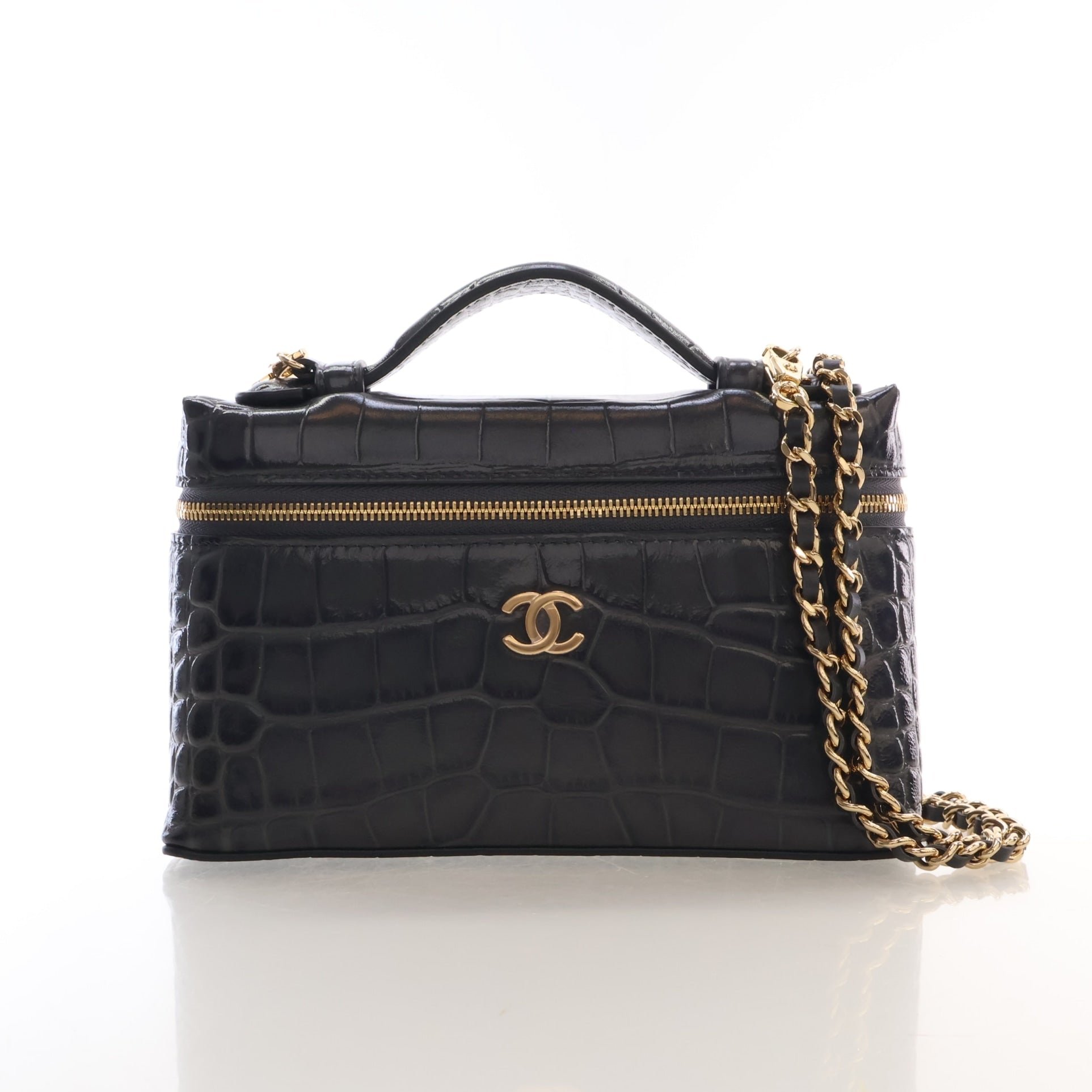 Chanel Small Crocodile Embossed Leather Slim Vanity Top Handle With Chain