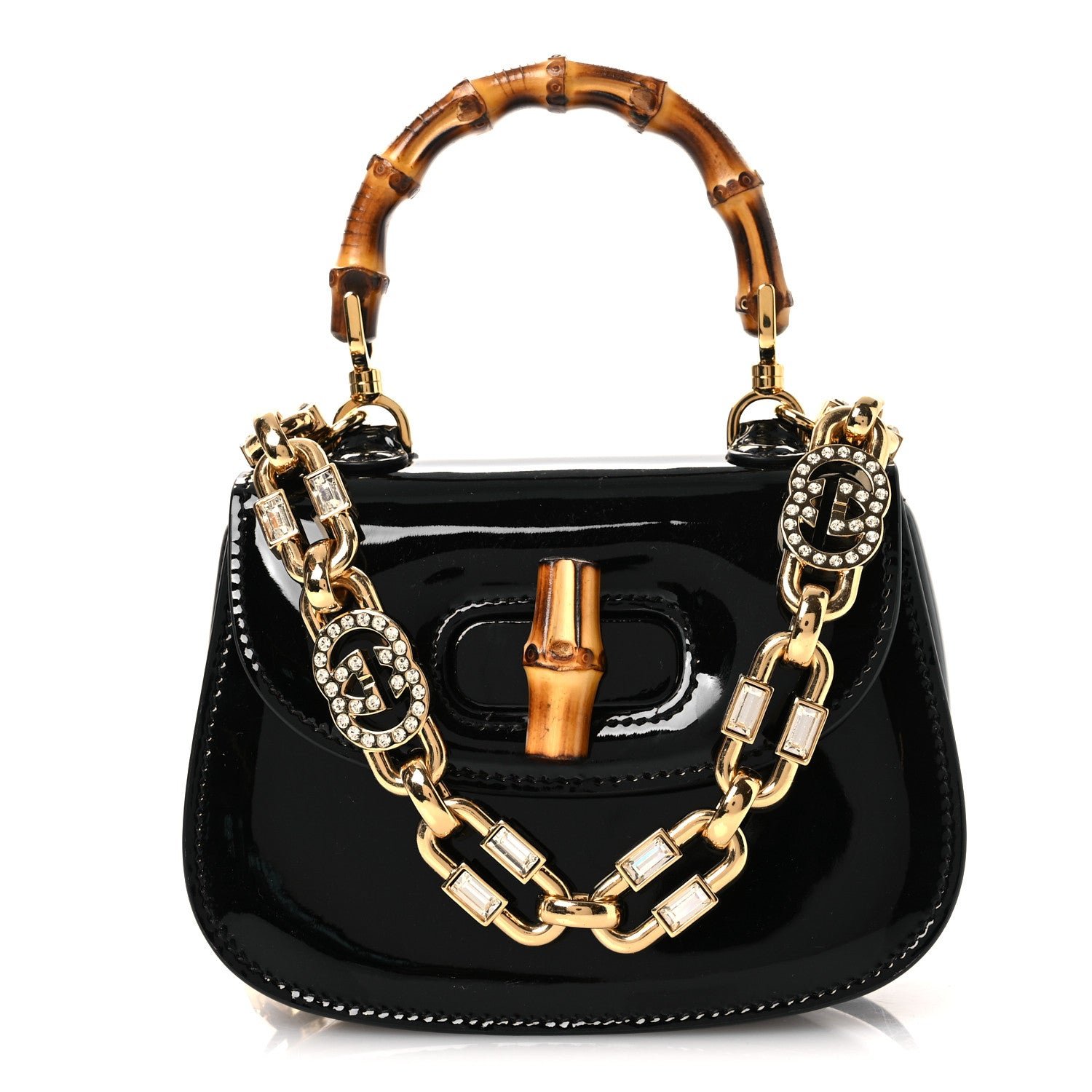 Gucci Patent Crystal Mini Bamboo 1947 Top Handle Chain Bag Black
