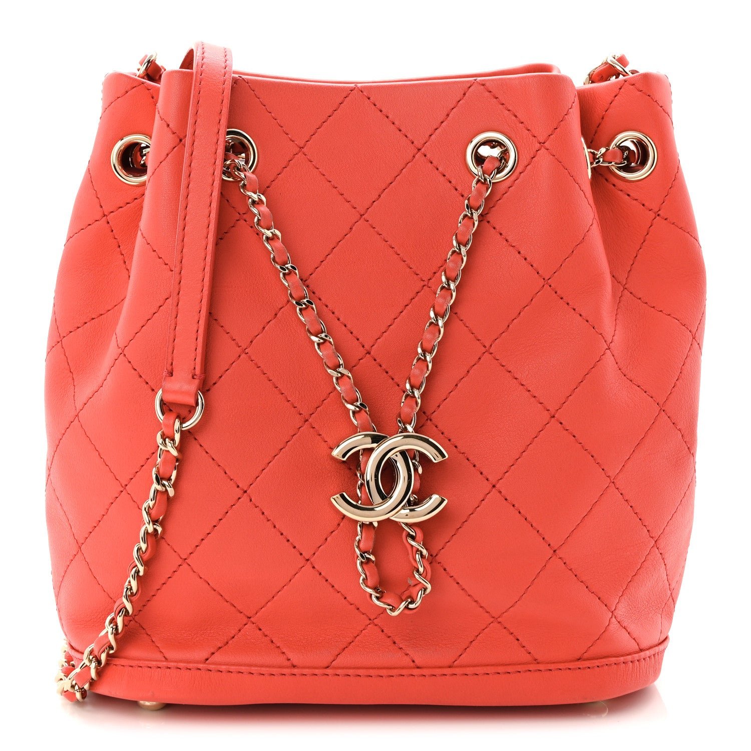 Chanel Calfskin Stitched Chain Bucket Bag Coral