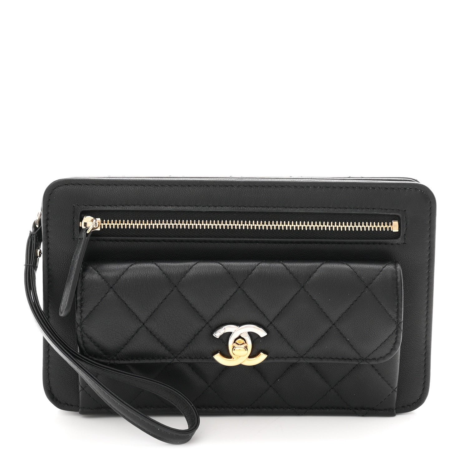 Chanel Lambskin Quilted Front Pocket Wristlet Black