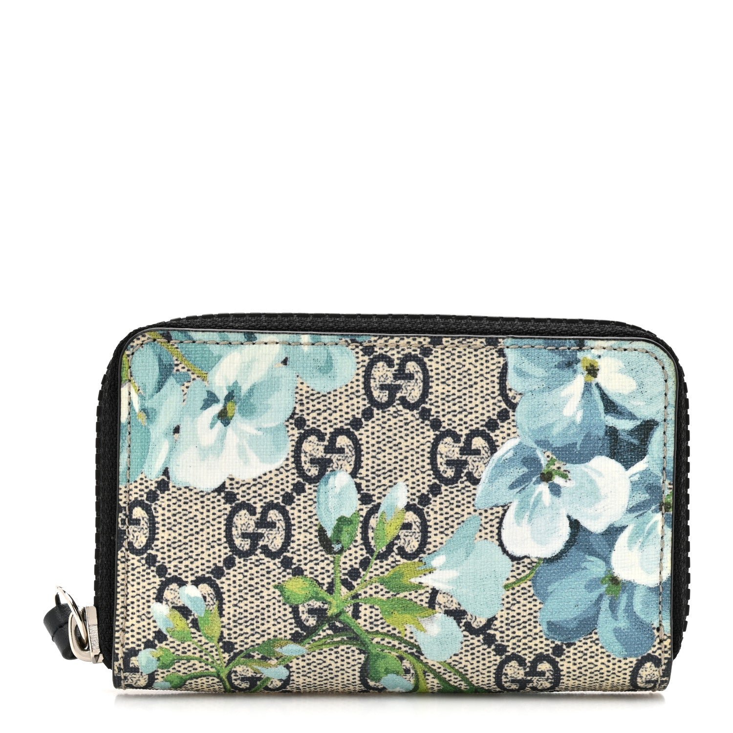 Gucci GG Supreme Monogram Blooms Zip Around Card Case Wallet Beige Blue Navy