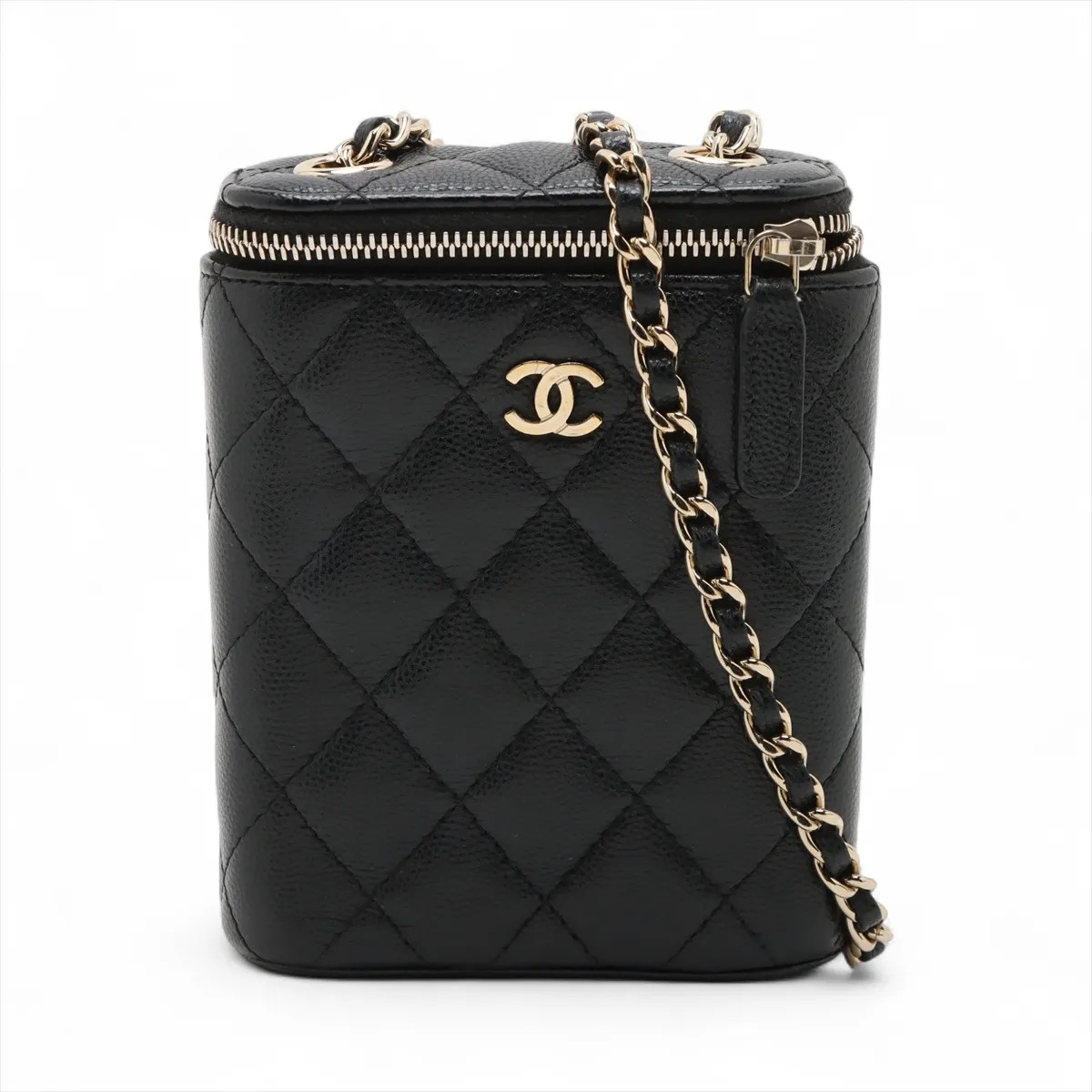 Chanel Matelasse Grained Calfskin Chain Shoulder Bag Vanity Black Gold Metal Fit