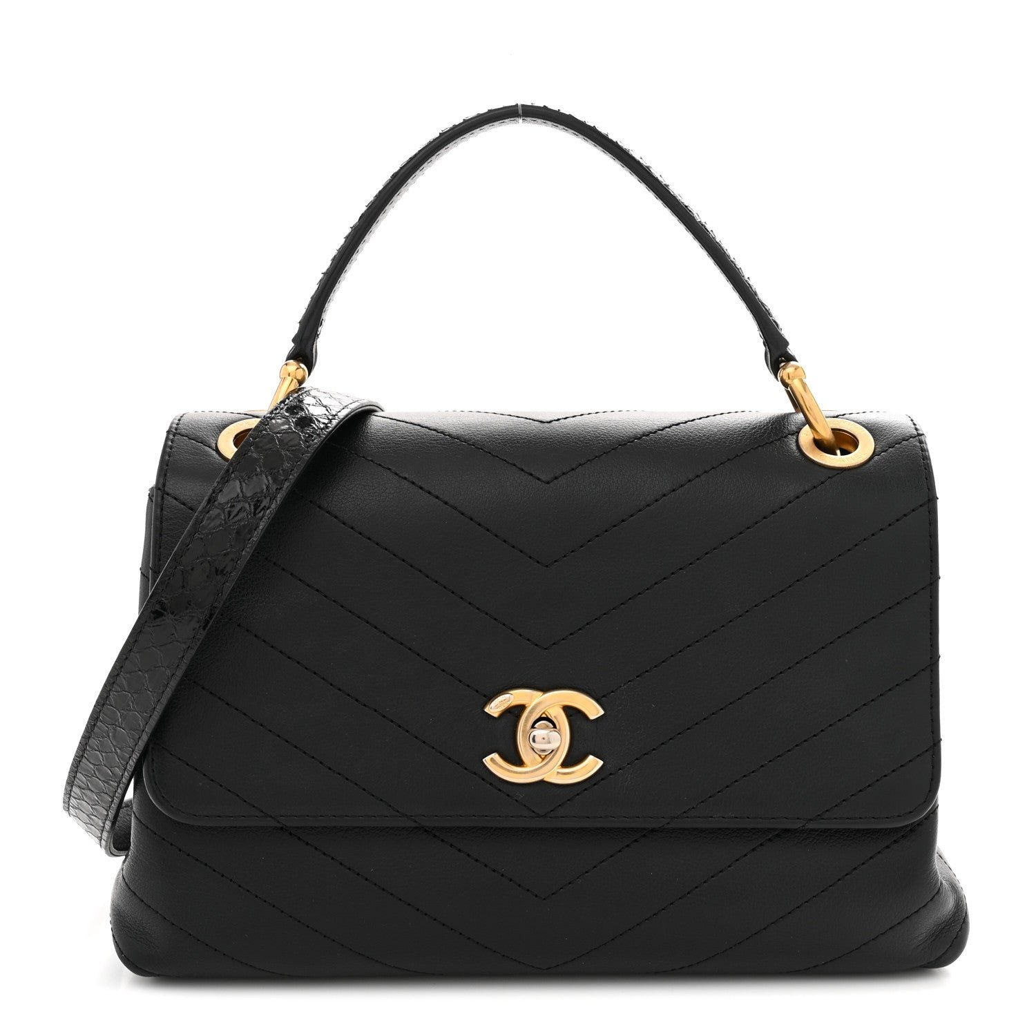 Chanel Grained Calfskin Snakeskin Small Chevron Chic Top Handle Flap Black