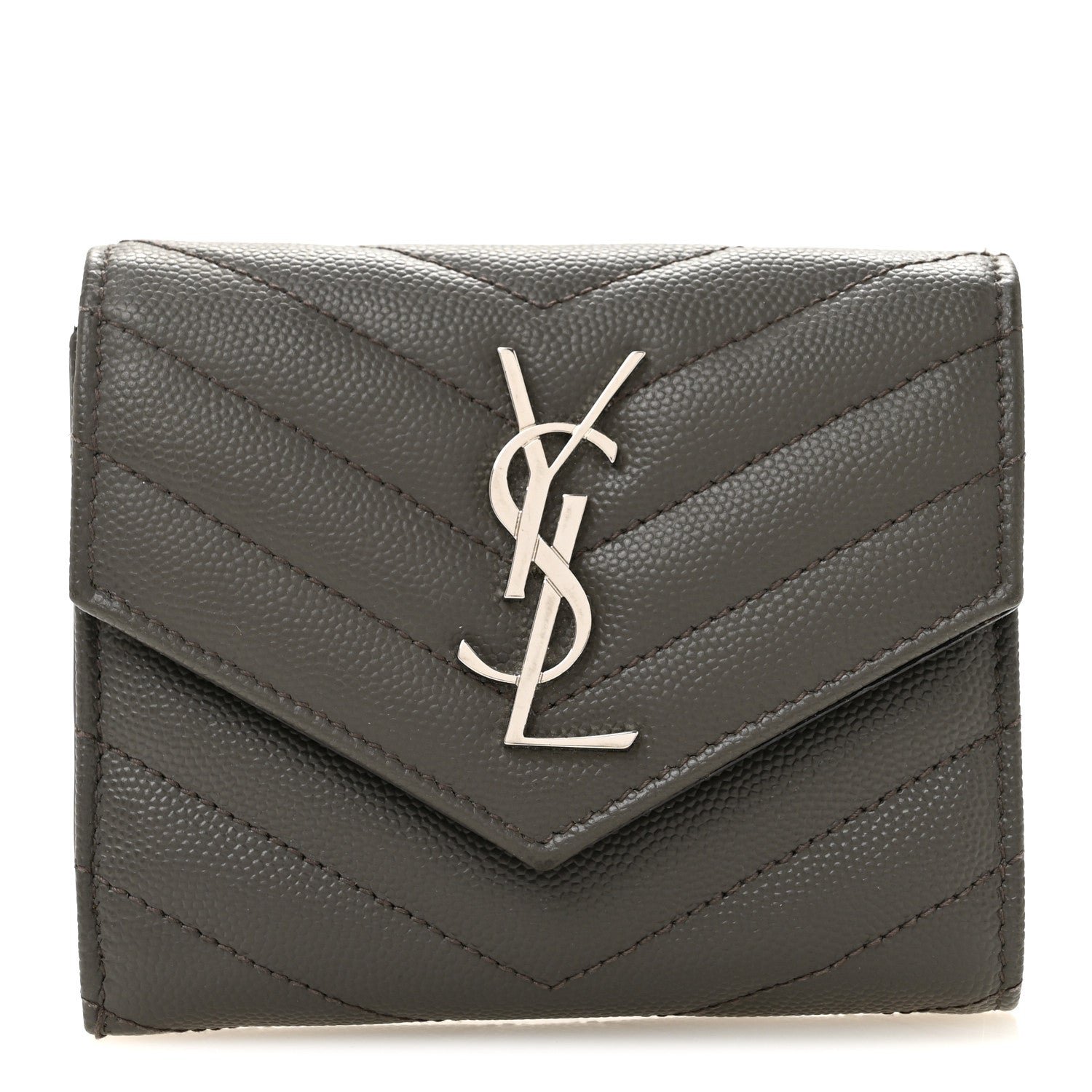 Saint Laurent Grain De Poudre Matelasse Chevron Monogram Compact Tri Fold Wallet Coffee