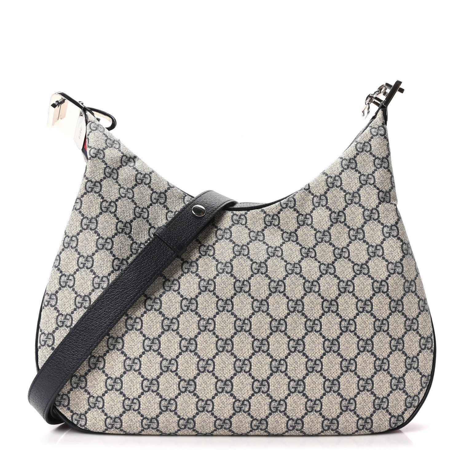 Gucci GG Supreme Monogram Textured Calfskin Web Large Attache Shoulder Bag Beige Blue