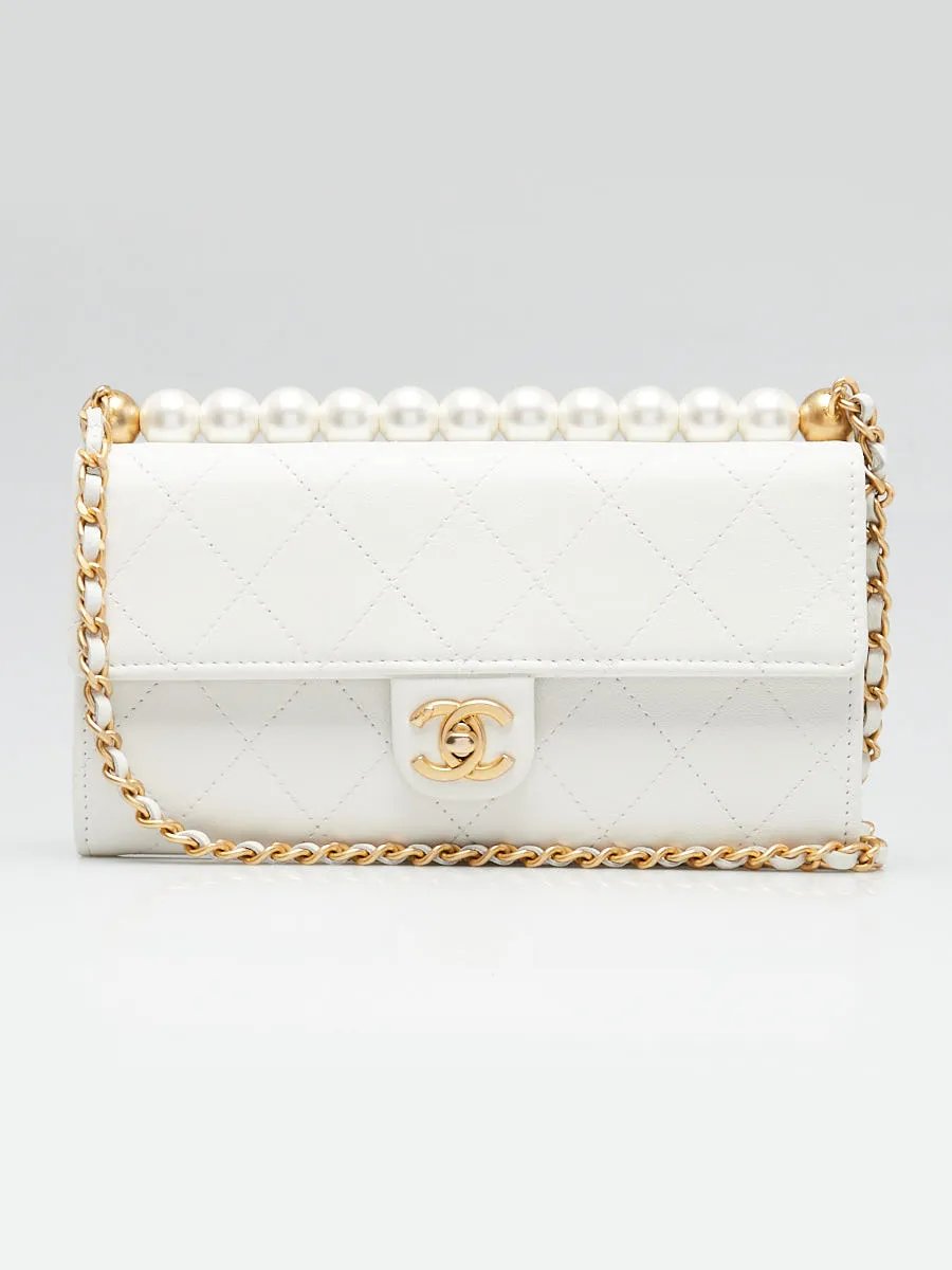 Chanel White Quilted Goatskin Leather Chic Pearls Clutch With Chain Bag 