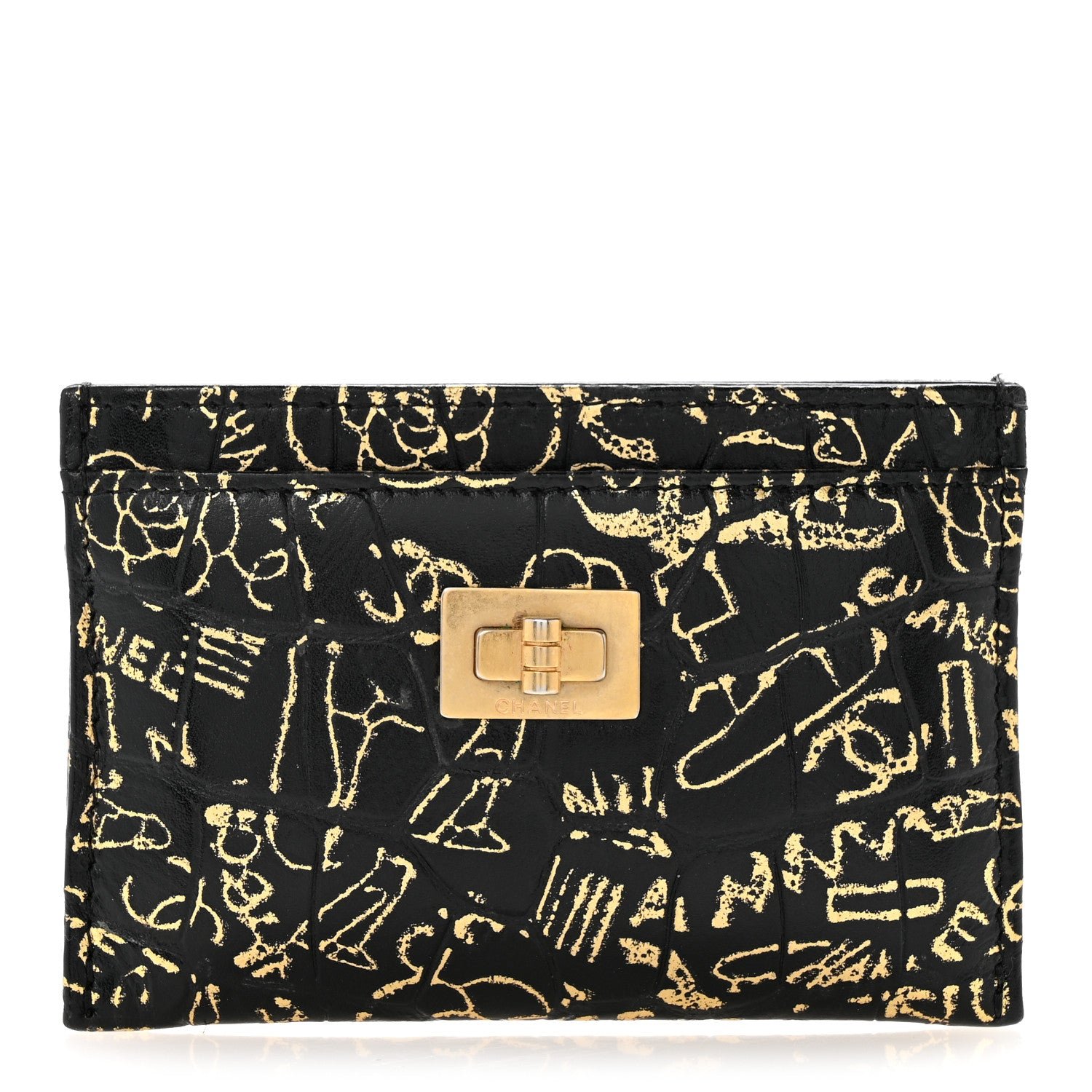 Chanel Calfskin Crocodile Embossed Graffiti 2.55 Cocodile Reissue Card Holder Black Gold