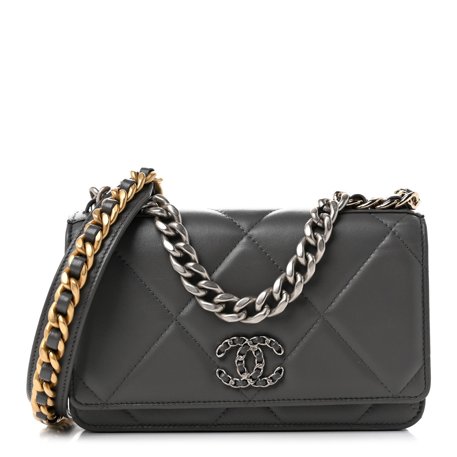 Chanel Lambskin Quilted Chanel 19 Wallet On Chain WOC Grey