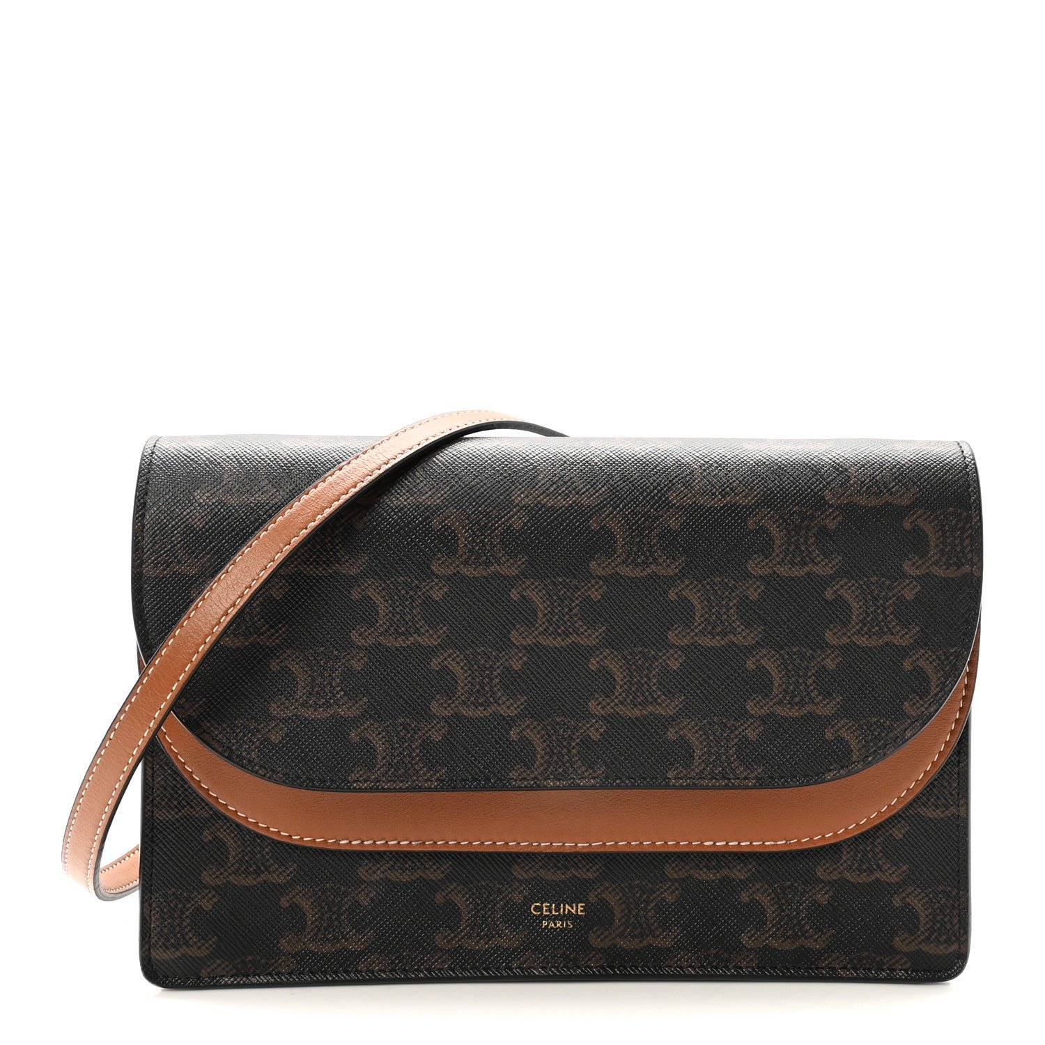 Celine Triomphe Canvas Lambskin Wallet On Strap Tan