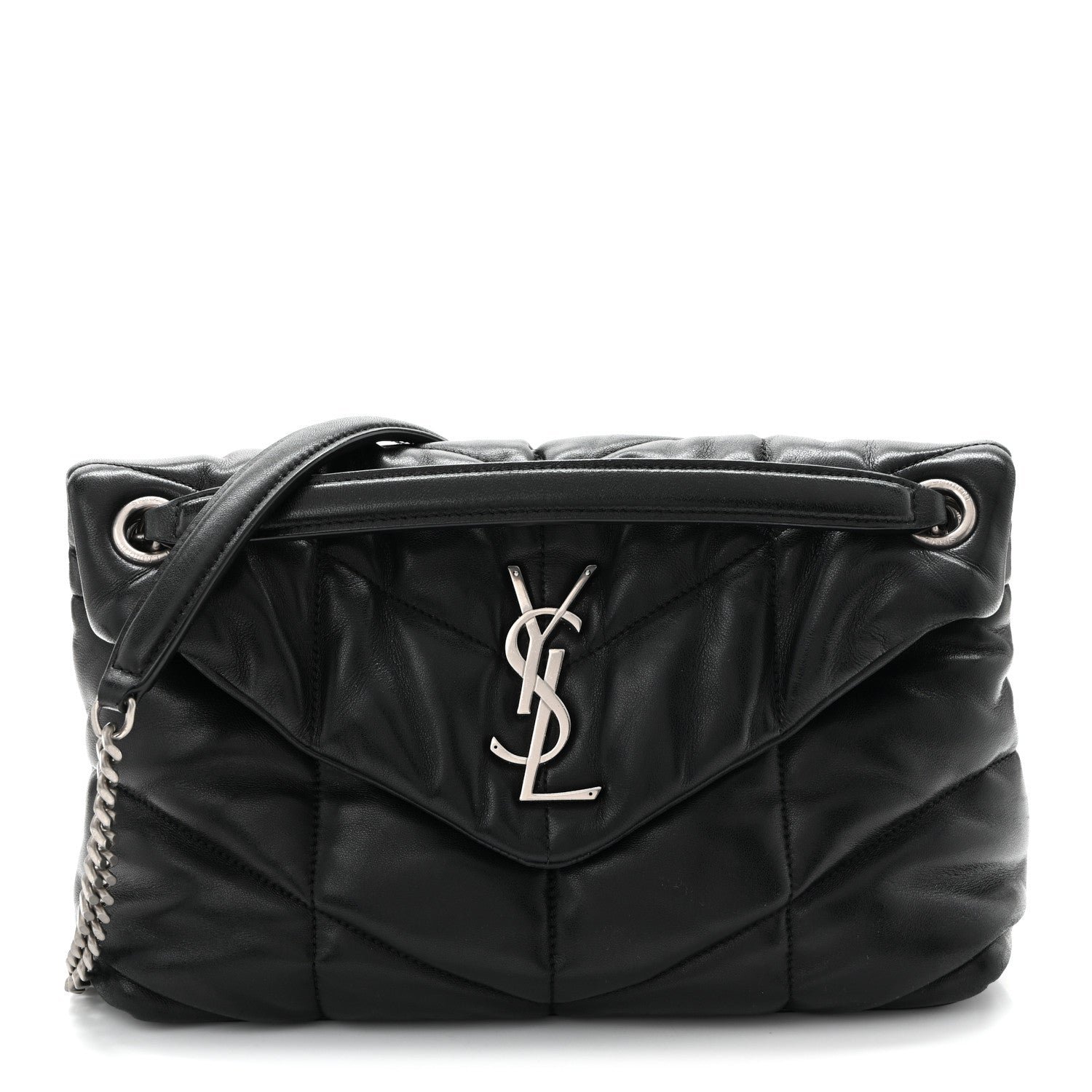 Saint Laurent Lambskin Quilted Small Loulou Puffer Monogram Chain Satchel Black