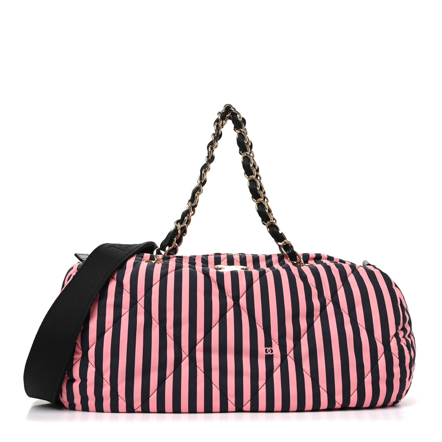 Chanel Nylon Striped Quilted Coco Beach Large Bowling Bag Black Coral