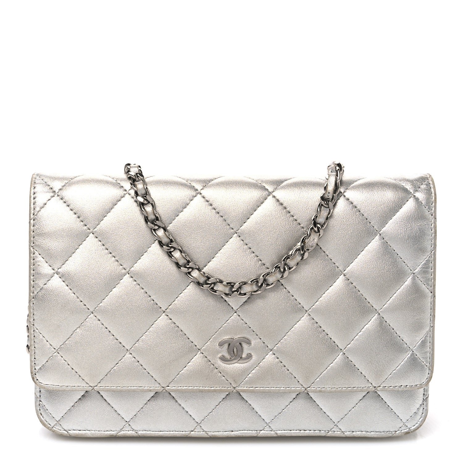 Chanel Metallic Lambskin Quilted Wallet On Chain WOC Silver
